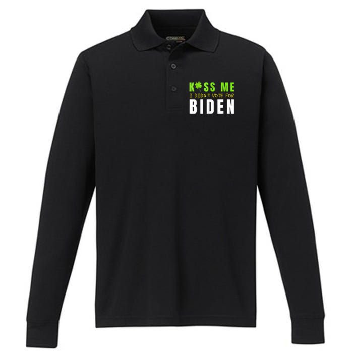 Funny St Patty's Day Kiss Me I Didn't Vote For Biden Performance Long Sleeve Polo