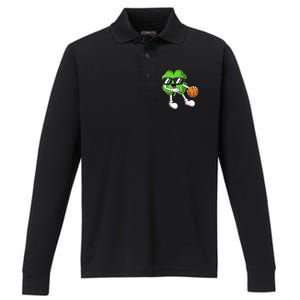 Funny St Patricks Day Shamrock Playing Basketball b.o.y.s Girls Performance Long Sleeve Polo