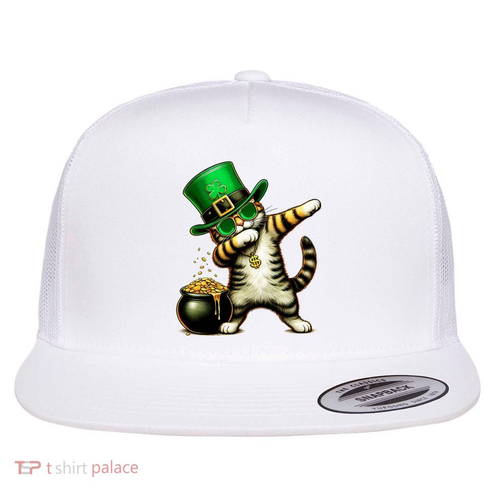 Funny St Patricks Day Dabbing Cat St Paddy Family Matching Flat Bill Trucker Hat