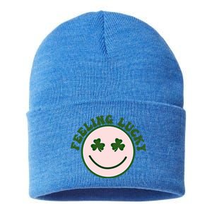 Funny St Patrick Day Feeling Lucky Meme Smile Face Trendy Gift Sustainable Knit Beanie