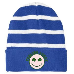 Funny St Patrick Day Feeling Lucky Meme Smile Face Trendy Gift Striped Beanie with Solid Band