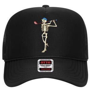 Funny Skeleton Playing Golf Halloween Costume Boy High Crown Mesh Back Trucker Hat