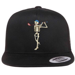 Funny Skeleton Playing Golf Halloween Costume Boy Flat Bill Trucker Hat