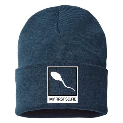 Funny Sperm Picture Quote My First Selfie Design Sperm Cool Sustainable Knit Beanie