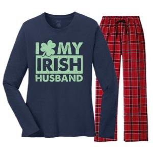 Funny St Patrick's Day I Love My Irish Husband Lucky Shamrock Clover Women's Long Sleeve Flannel Pajama Set 