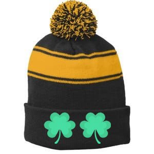 Funny St. Pattys Day Four 4 Leaf Clover Bra Stripe Pom Pom Beanie