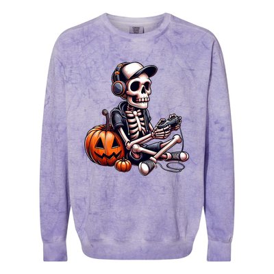 Funny Skeleton Playing Video Game Halloween Gamer Colorblast Crewneck Sweatshirt