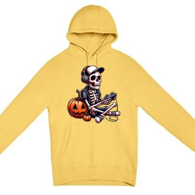 Funny Skeleton Playing Video Game Halloween Gamer Premium Pullover Hoodie