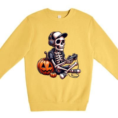 Funny Skeleton Playing Video Game Halloween Gamer Premium Crewneck Sweatshirt