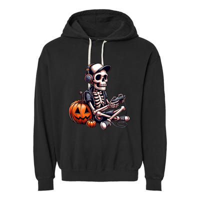 Funny Skeleton Playing Video Game Halloween Gamer Garment-Dyed Fleece Hoodie