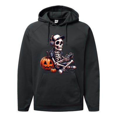 Funny Skeleton Playing Video Game Halloween Gamer Performance Fleece Hoodie