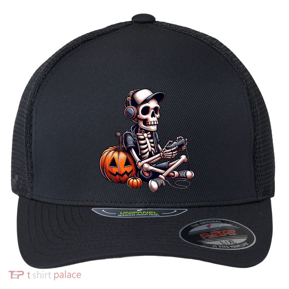 Funny Skeleton Playing Video Game Halloween Gamer Flexfit Unipanel Trucker Cap