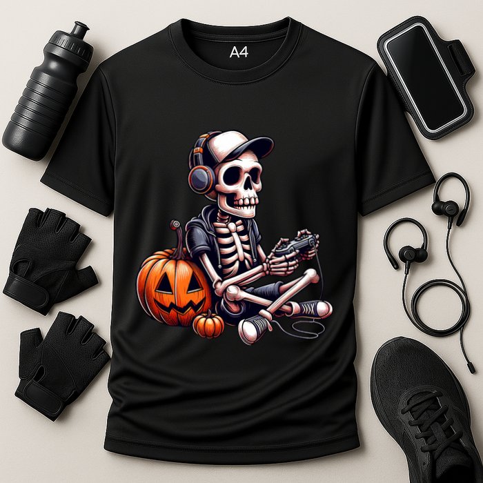 Funny Skeleton Playing Video Game Halloween Gamer Performance Shirt