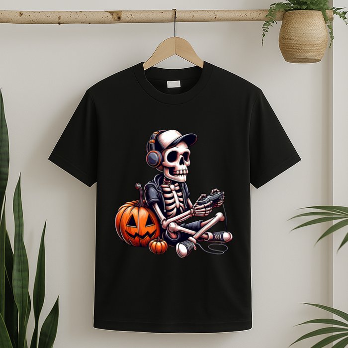 Funny Skeleton Playing Video Game Halloween Gamer T-Shirt