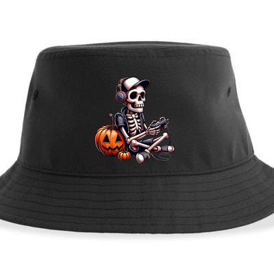 Funny Skeleton Playing Video Game Halloween Gamer Sustainable Bucket Hat