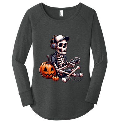 Funny Skeleton Playing Video Game Halloween Gamer Women's Perfect Tri Tunic Long Sleeve Shirt