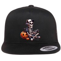 Funny Skeleton Playing Video Game Halloween Gamer Flat Bill Trucker Hat
