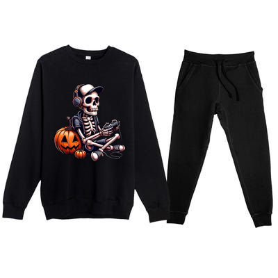 Funny Skeleton Playing Video Game Halloween Gamer Premium Crewneck Sweatsuit Set