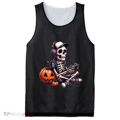 Funny Skeleton Playing Video Game Halloween Gamer Mesh Reversible Basketball Jersey Tank
