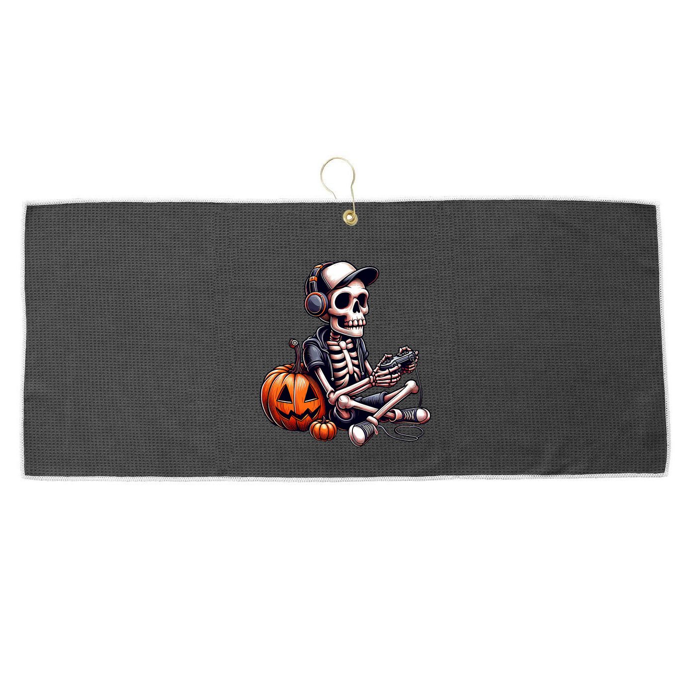 Funny Skeleton Playing Video Game Halloween Gamer Large Microfiber Waffle Golf Towel