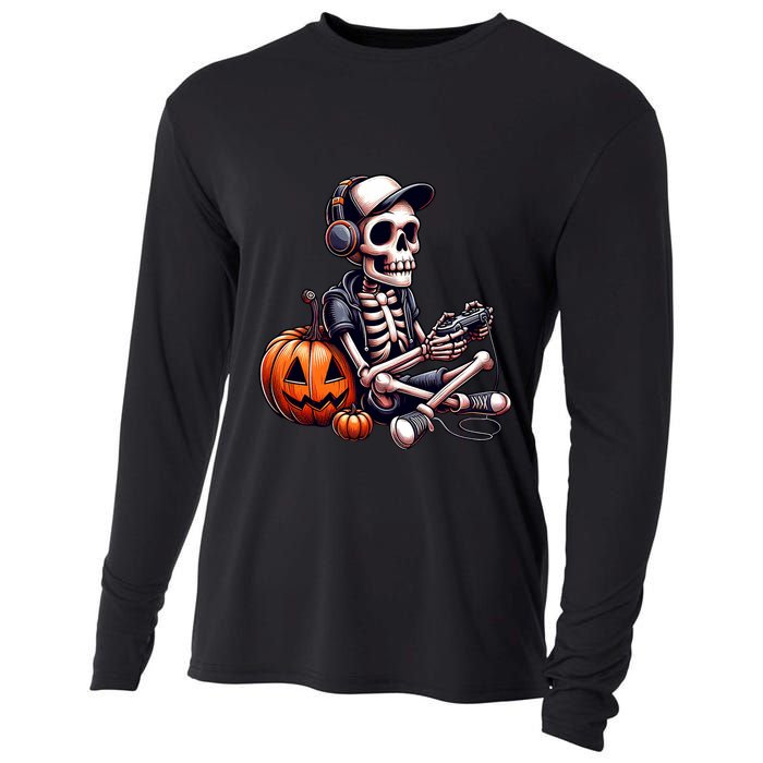 Funny Skeleton Playing Video Game Halloween Gamer Cooling Performance Long Sleeve Crew