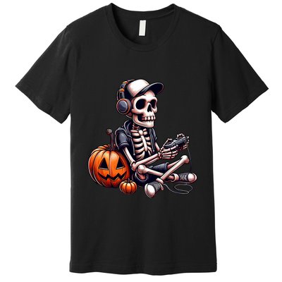 Funny Skeleton Playing Video Game Halloween Gamer Premium T-Shirt
