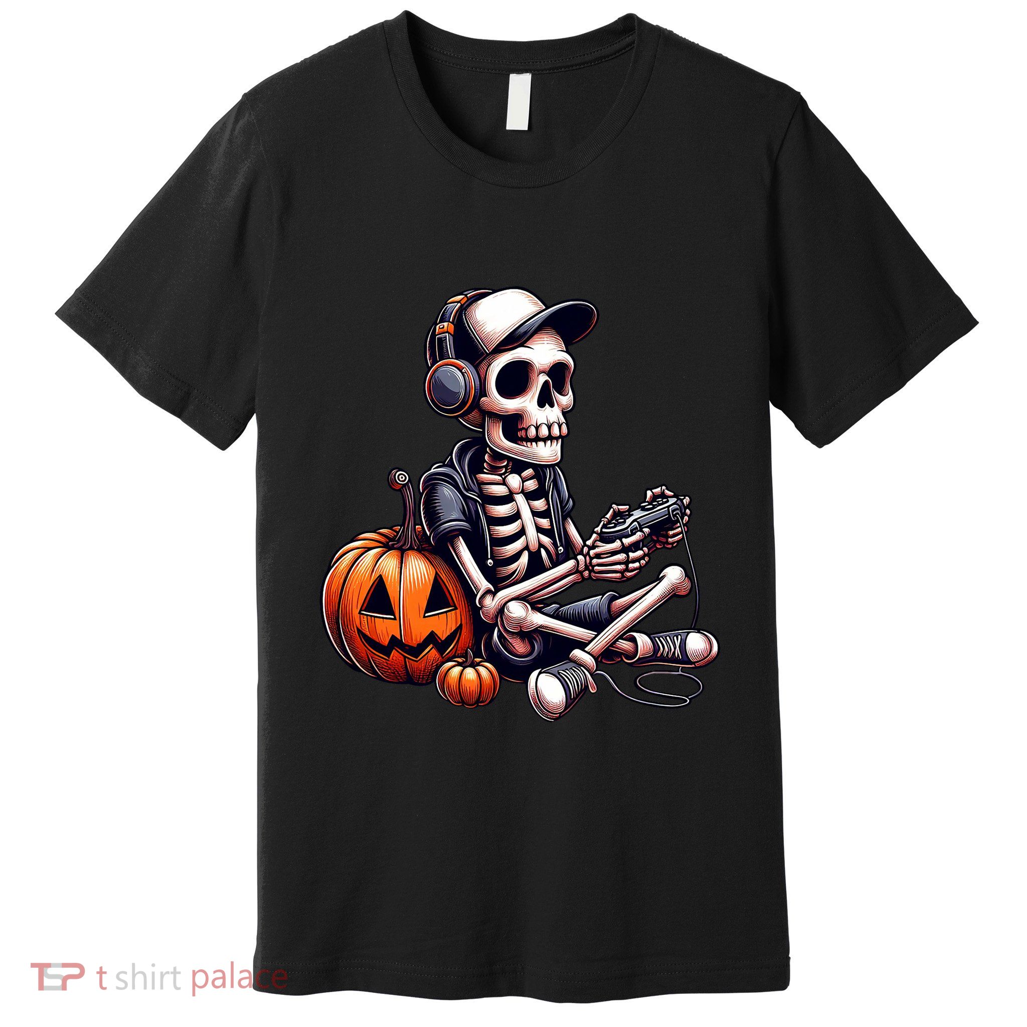 Funny Skeleton Playing Video Game Halloween Gamer Premium T-Shirt