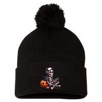 Funny Skeleton Playing Video Game Halloween Gamer Pom Pom 12in Knit Beanie