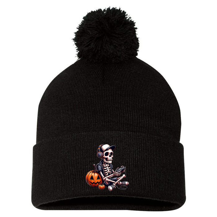 Funny Skeleton Playing Video Game Halloween Gamer Pom Pom 12in Knit Beanie