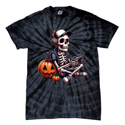 Funny Skeleton Playing Video Game Halloween Gamer Tie-Dye T-Shirt