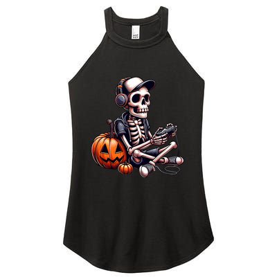 Funny Skeleton Playing Video Game Halloween Gamer Women's Perfect Tri Rocker Tank