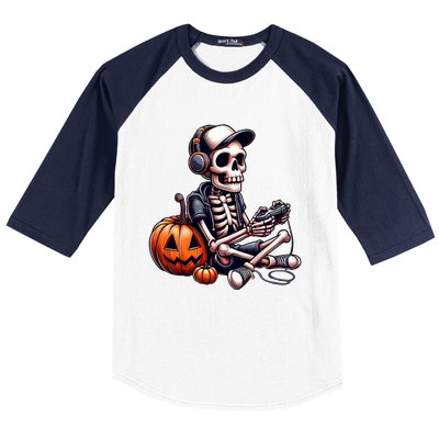 Funny Skeleton Playing Video Game Halloween Gamer Baseball Sleeve Shirt