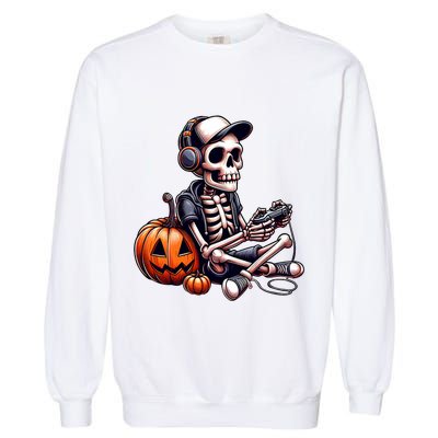 Funny Skeleton Playing Video Game Halloween Gamer Garment-Dyed Sweatshirt