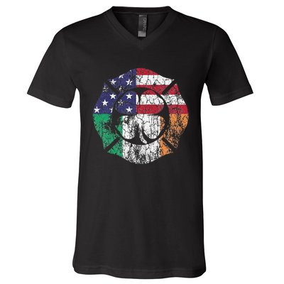 Firefighter St Patricks Day Irish American Flag Shamrock V-Neck T-Shirt