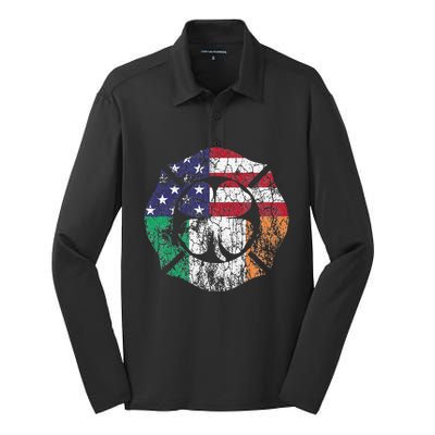 Firefighter St Patricks Day Irish American Flag Shamrock Silk Touch Performance Long Sleeve Polo