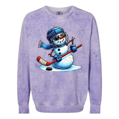 Funny Snowman Playing Ice Hockey Lovers Christmas Colorblast Crewneck Sweatshirt