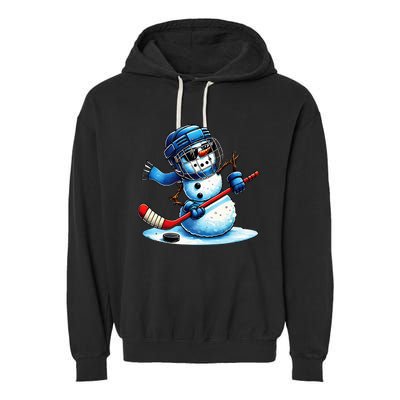 Funny Snowman Playing Ice Hockey Lovers Christmas Garment-Dyed Fleece Hoodie