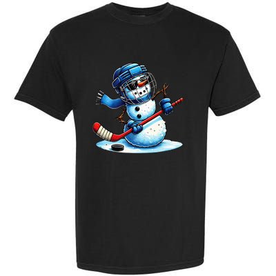 Funny Snowman Playing Ice Hockey Lovers Christmas Garment-Dyed Heavyweight T-Shirt