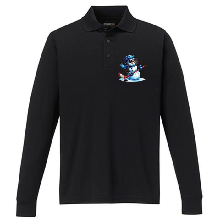 Funny Snowman Playing Ice Hockey Lovers Christmas Performance Long Sleeve Polo