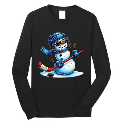 Funny Snowman Playing Ice Hockey Lovers Christmas Long Sleeve Shirt