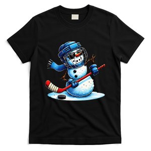 Funny Snowman Playing Ice Hockey Lovers Christmas T-Shirt