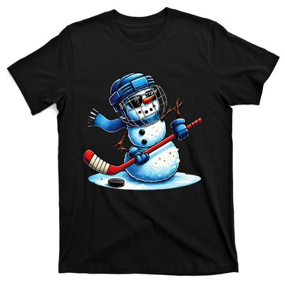 Funny Snowman Playing Ice Hockey Lovers Christmas T-Shirt