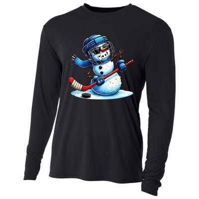 Funny Snowman Playing Ice Hockey Lovers Christmas Cooling Performance Long Sleeve Crew