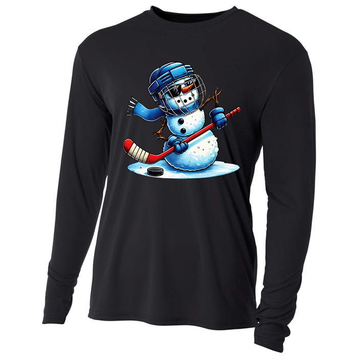 Funny Snowman Playing Ice Hockey Lovers Christmas Cooling Performance Long Sleeve Crew