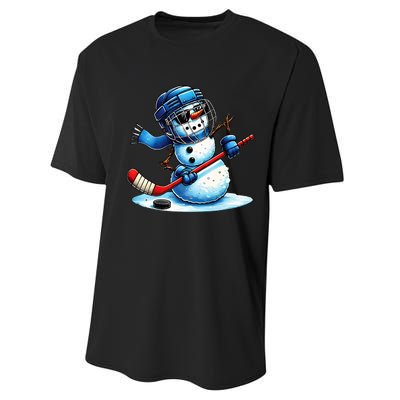 Funny Snowman Playing Ice Hockey Lovers Christmas Performance Sprint T-Shirt