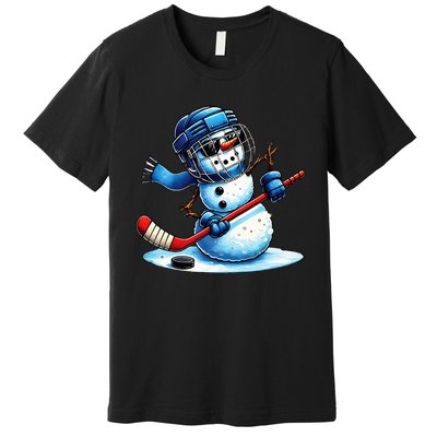 Funny Snowman Playing Ice Hockey Lovers Christmas Premium T-Shirt