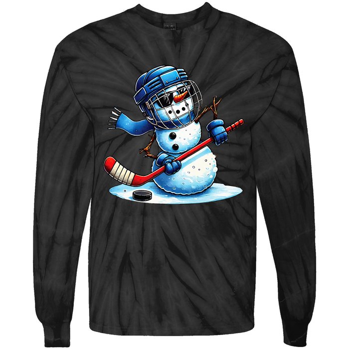 Funny Snowman Playing Ice Hockey Lovers Christmas Tie-Dye Long Sleeve Shirt