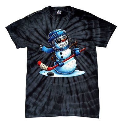 Funny Snowman Playing Ice Hockey Lovers Christmas Tie-Dye T-Shirt