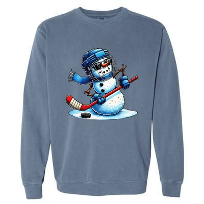 Funny Snowman Playing Ice Hockey Lovers Christmas Garment-Dyed Sweatshirt