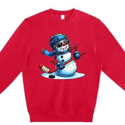 Funny Snowman Playing Ice Hockey Lovers Christmas Premium Crewneck Sweatshirt